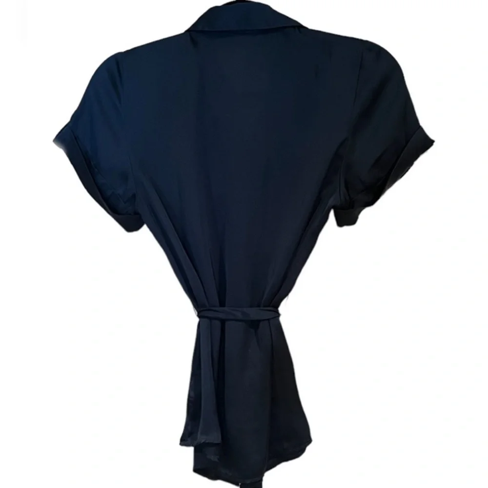 21 Slate blue satin feel snap front Top with belt Women's Button-Up Blouse - Picture 4 of 7